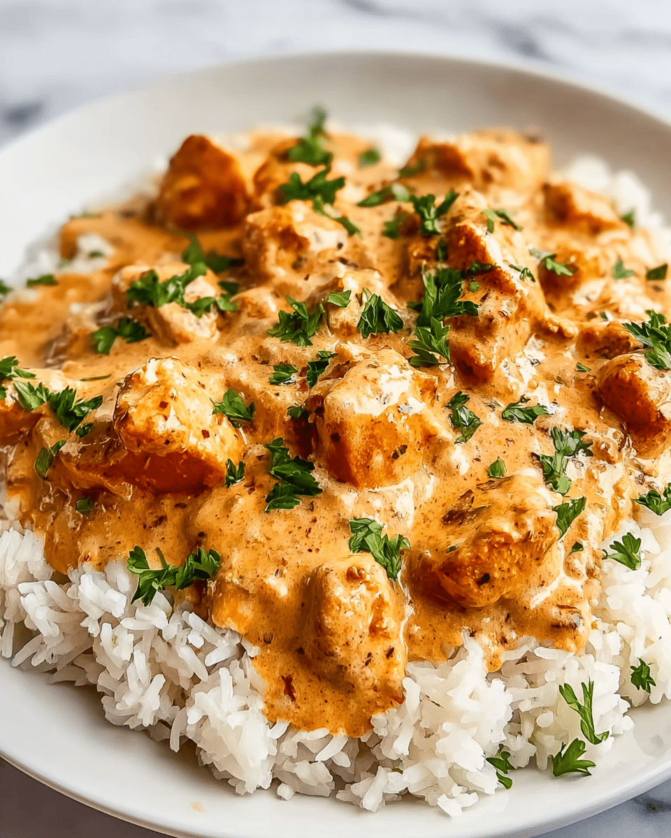 A white plate filled with a base layer of fluffy white rice topped with a thick, creamy orange sauce that covers large chunks of browned chicken. The sauce has a smooth texture with visible specks of herbs and spices, creating a rich look. Fresh green parsley leaves are sprinkled over the top, adding contrast and a touch of freshness. The dish is presented on a white marbled surface. photo taken with an iphone --ar 4:5 --v 7