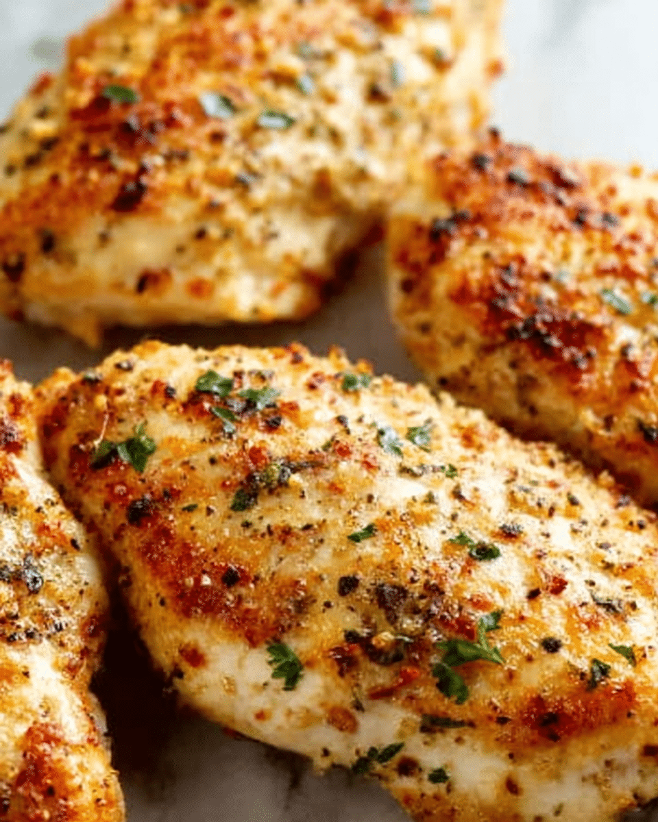 The image shows three pieces of baked chicken breasts arranged closely on a white marbled surface. Each piece has a golden-brown crust with a slightly crispy texture, speckled with red and green herbs and small bits of seasoning on top. The chicken looks juicy inside with a light cream color under the browned outer layer, and the pieces vary a bit in size and shape, giving a natural and hearty look. The focus is close, highlighting the texture and seasoning detail on the chicken skin. photo taken with an iphone --ar 4:5 --v 7