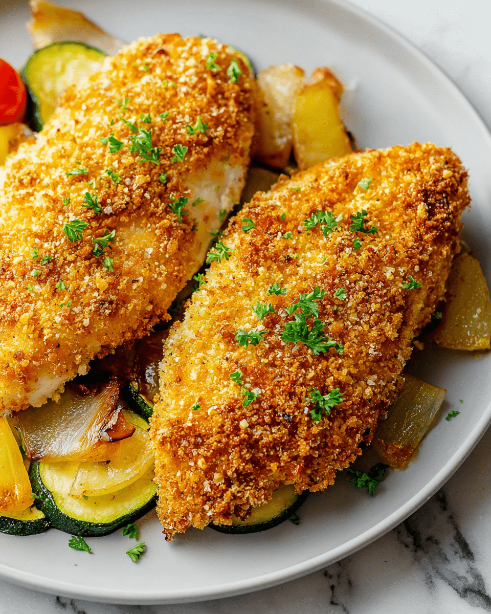 Two crispy golden-brown breaded chicken fillets with a crumbly, crunchy texture cover the main part of the image and are sprinkled with small green parsley pieces. The chicken rests on a white plate with some browned yellow onion chunks underneath and around the edges. In the blurred background, there are pieces of sliced avocado and a hint of a reddish tomato. The whole scene is set on a white marbled surface. photo taken with an iphone --ar 4:5 --v 7
