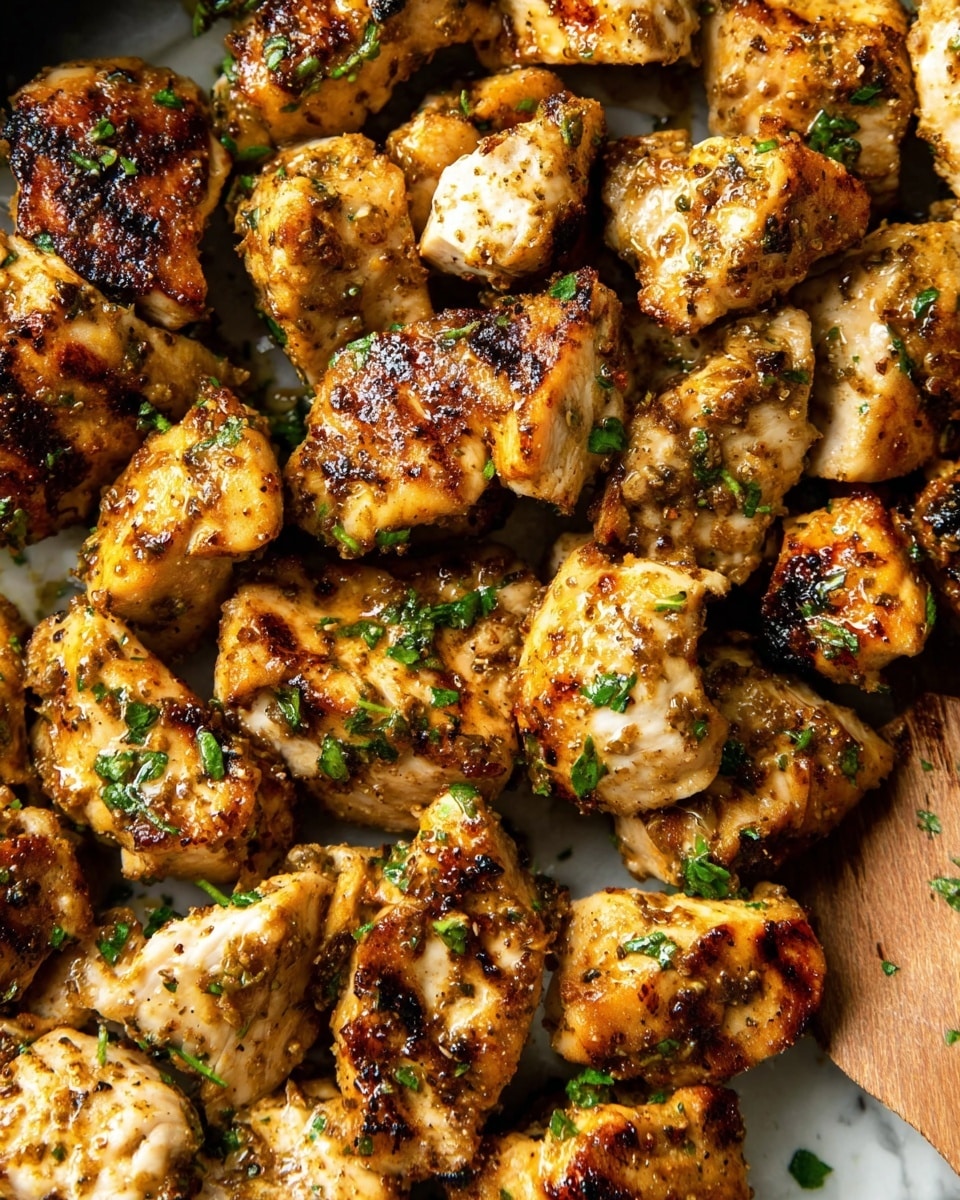 A close-up view of many small chicken pieces cooked to a golden brown, with a slightly crispy texture and charred spots on irregular shapes. Each piece is sprinkled with chopped green herbs that add a fresh touch of color, scattered evenly over the warm, savory surface. The chicken appears juicy and seasoned with visible bits of garlic and pepper mixed into the browned exterior. A wooden spoon is partially visible at the right edge, resting on the white marbled texture background. photo taken with an iphone --ar 4:5 --v 7