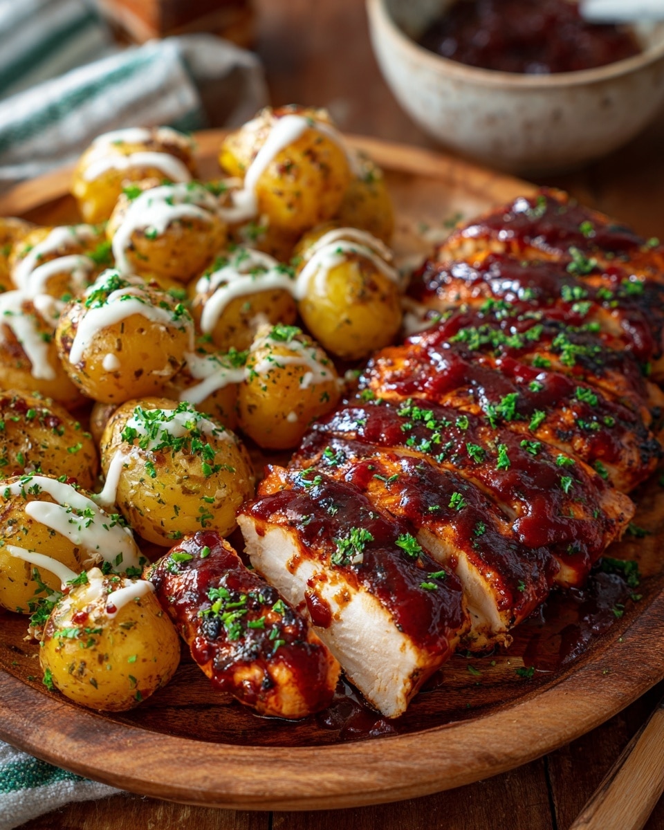 A wooden plate holds a sliced grilled chicken breast covered in shiny, dark red barbecue sauce, sprinkled with green herbs. Next to the chicken, there are golden roasted small potatoes with skin, drizzled with creamy white sauce and also topped with green herbs. The plate is on a wooden surface with a blurred bowl and some cloth in the background. photo taken with an iphone --ar 4:5 --v 7