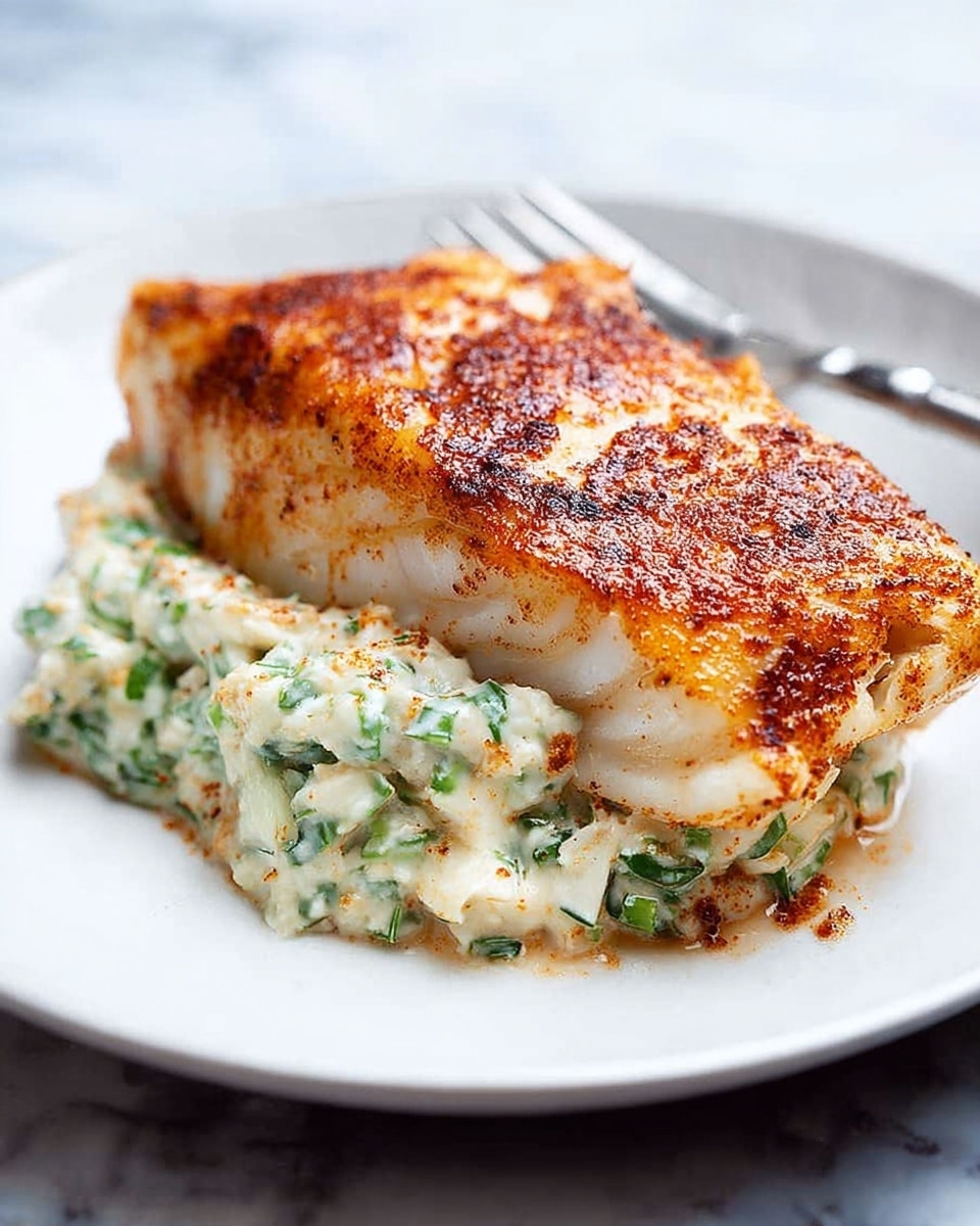 A close-up of a white plate with a thick, golden-brown cooked fish fillet on top, showing a slightly crispy texture and specks of reddish seasoning, sitting partly over a creamy white filling mixed with small green leafy pieces underneath, which looks soft and moist, all placed on a white marbled surface with a silver fork visible in the background. Photo taken with an iphone --ar 4:5 --v 7