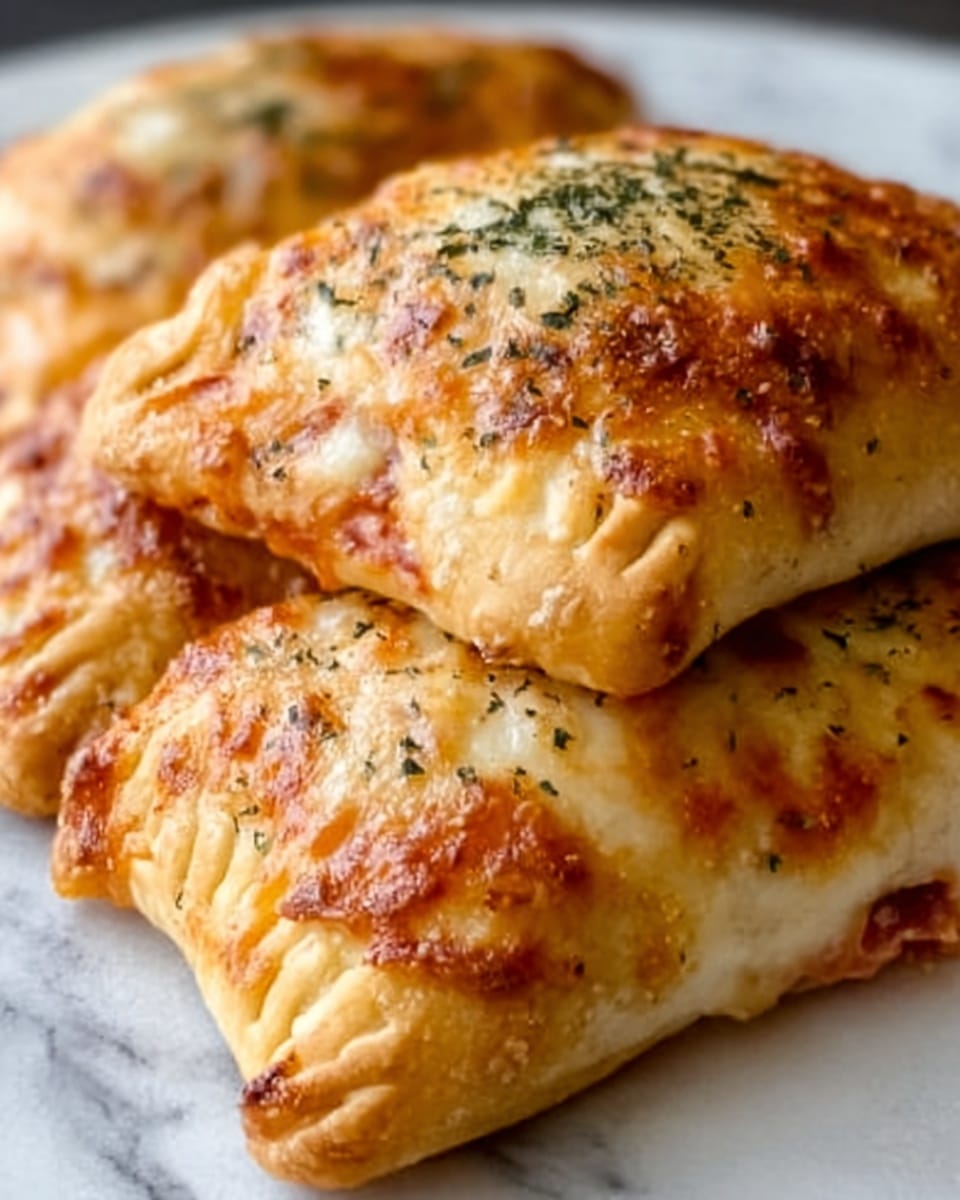 The image shows four golden-brown calzones with a crispy, slightly glossy crust and melted cheese on top that has browned in spots. The crust has small herbs sprinkled over it, adding texture and color contrast. The calzones are arranged close together on a white plate, all resting on a white marbled surface. Each calzone has a visible folded edge with a slight puffiness, showing the layers of dough and filling inside. photo taken with an iphone --ar 4:5 --v 7