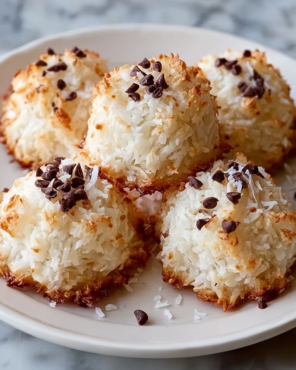 A white plate holds a stack of six coconut macaroons. Each macaroon is roughly round with a textured surface made of white shredded coconut mixed with golden brown toasted bits, creating a rough and crunchy look on the outside. Scattered on top and around the sides are small dark brown chocolate chips, adding contrast to the light coconut. The macaroons are arranged close together with a few chocolate chips spilled onto the plate. The background shows a warm brown color that softly blurs out of focus. photo taken with an iphone --ar 4:5 --v 7