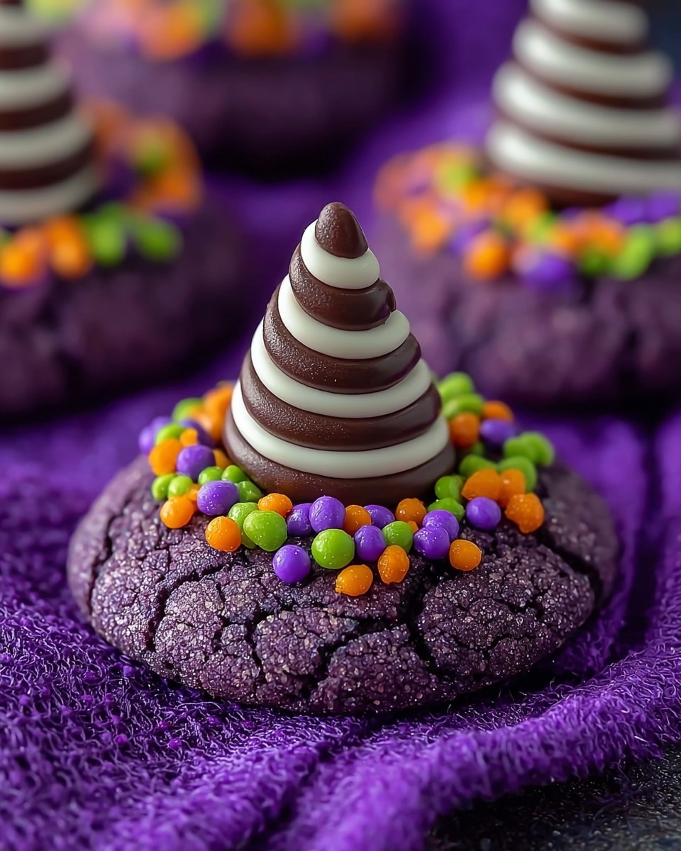 The image shows a close-up of a round, cracked purple cookie as the base layer, with a rough texture. On top of the cookie is a ring of small round sprinkles in bright orange, green, and purple colors, creating a vibrant border. The final and top layer is a small cone-shaped swirl made of chocolate and white stripes, placed in the middle of the cookie. The cookies are resting on a purple textured cloth, with other similar cookies blurred in the background. photo taken with an iphone --ar 4:5 --v 7