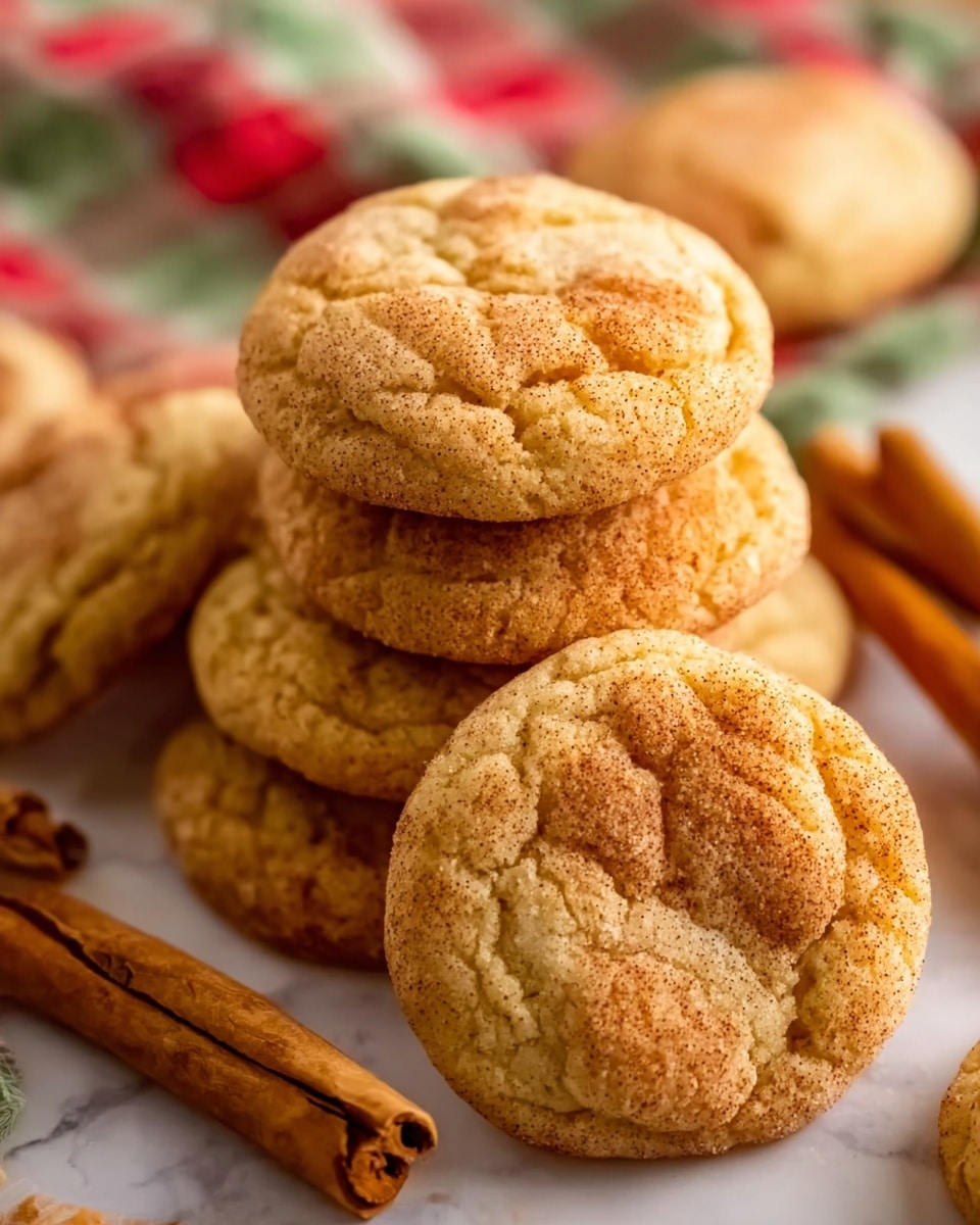 The image shows a close-up view of soft, round cookies stacked in a small pile, each cookie having a golden-brown color with a cracked surface texture. The cookies have slightly darker edges and lighter centers, giving a warm, baked look. Around the cookies, there are a few cinnamon sticks lying diagonally, adding a rustic touch. The background is a white marbled surface with a cloth underneath that has red and green check patterns, giving a cozy and inviting feel. Photo taken with an iphone --ar 4:5 --v 7