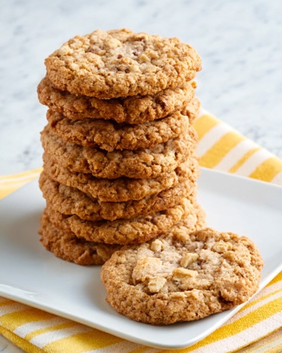 A stack of seven golden brown cookies with a rough, crumbly texture is placed on a simple white square plate. One cookie lies flat next to the stack showing its uneven surface and visible chunks. The background features a white marbled texture with a folded yellow and white striped cloth underneath the plate. The cookies have a slightly crispy edge and a soft, chewy center with small darker spots throughout. Photo taken with an iphone --ar 4:5 --v 7
