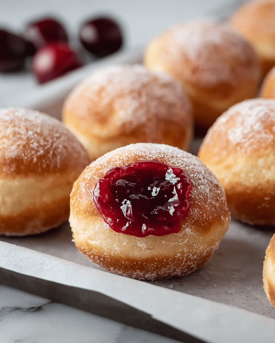 The image shows a close-up of a group of round, golden-brown dough balls arranged on white baking paper on a baking tray. The dough balls have a soft, slightly textured surface dusted with a light layer of powdered sugar. One dough ball in the front center is hollowed out on top and filled with a shiny, thick layer of deep red, glossy jam that looks smooth and slightly chunky. The background has a soft focus with several dark red cherries blurred in the distance, enhancing the dessert's color contrast. The overall scene is set on a white marbled surface. photo taken with an iphone --ar 4:5 --v 7