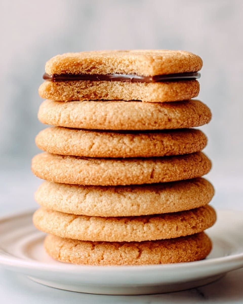A tall stack of eight light brown cookies with a smooth texture is neatly placed on a white plate. The top cookie is broken in half and sandwiched with a thin layer of glossy dark chocolate in between. The background is a white marbled texture, creating a clean and simple look. photo taken with an iphone --ar 4:5 --v 7