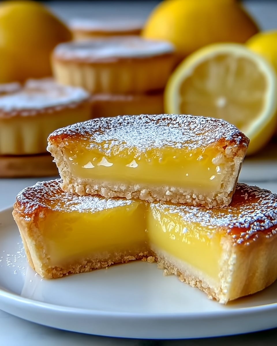 This image shows a close-up of a lemon tart cut in half, placed on a white plate with a white marbled background. The tart has two visible layers: a thin, crumbly golden-brown crust at the bottom and a smooth, glossy, bright yellow lemon filling that looks soft and creamy. The top crust is shiny golden brown with a slightly raised edge and dusted with powdered sugar. Behind the tart, several whole lemon tarts are blurred, along with whole and cut lemons in the background, adding a fresh yellow contrast. Photo taken with an iphone --ar 4:5 --v 7