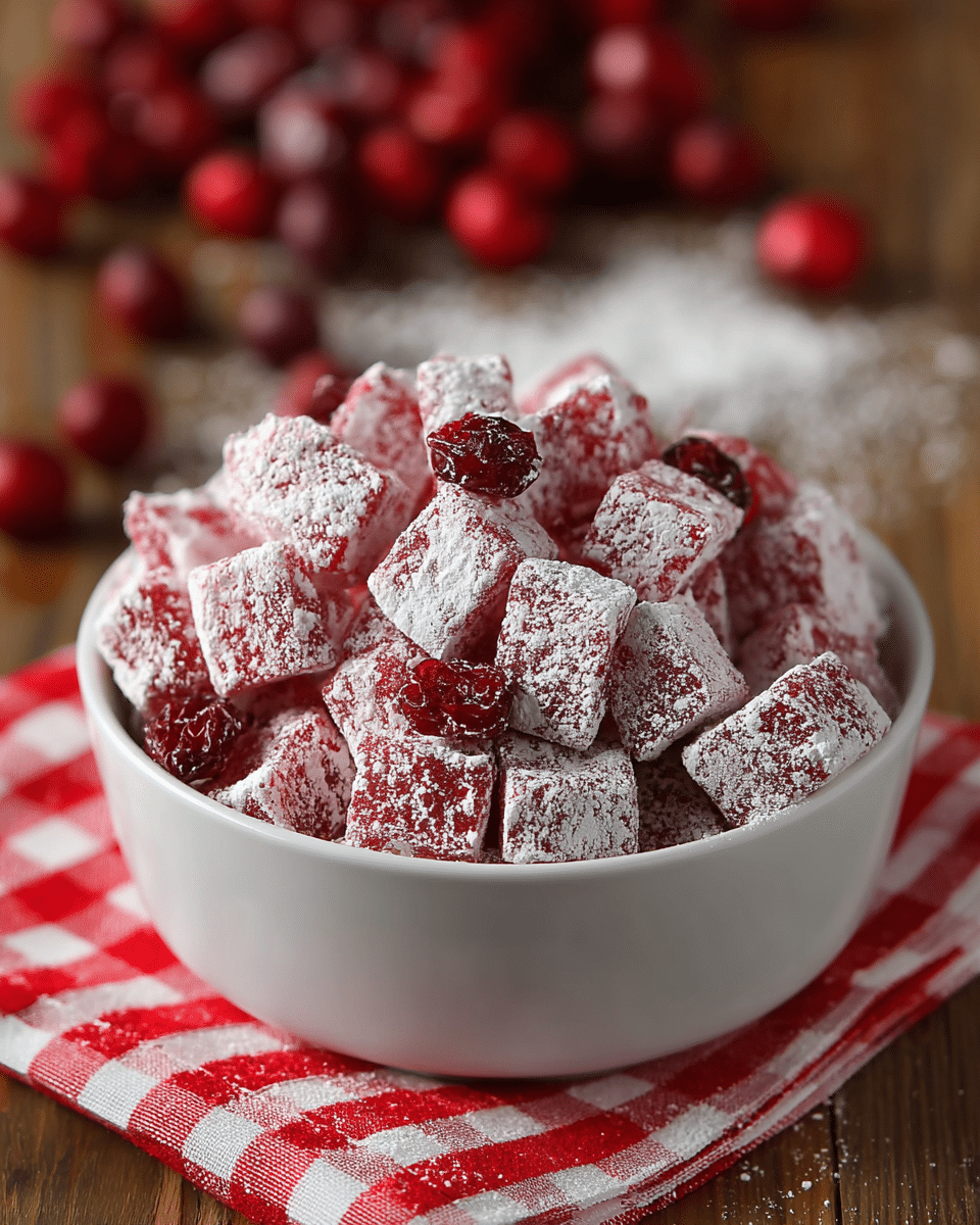 A white bowl full of small, square pieces of red candy coated in white powder is placed on a red and white checkered cloth. Among the small squares, some whole red dried berries are scattered, adding a slightly glossy texture and deeper red color. The bowl sits on a wooden surface with a soft focus on more red berries in the background, all set against a white marbled texture. The candy pieces have a rough, powdery outer layer and a rich, fruity red color underneath. photo taken with an iphone --ar 4:5 --v 7