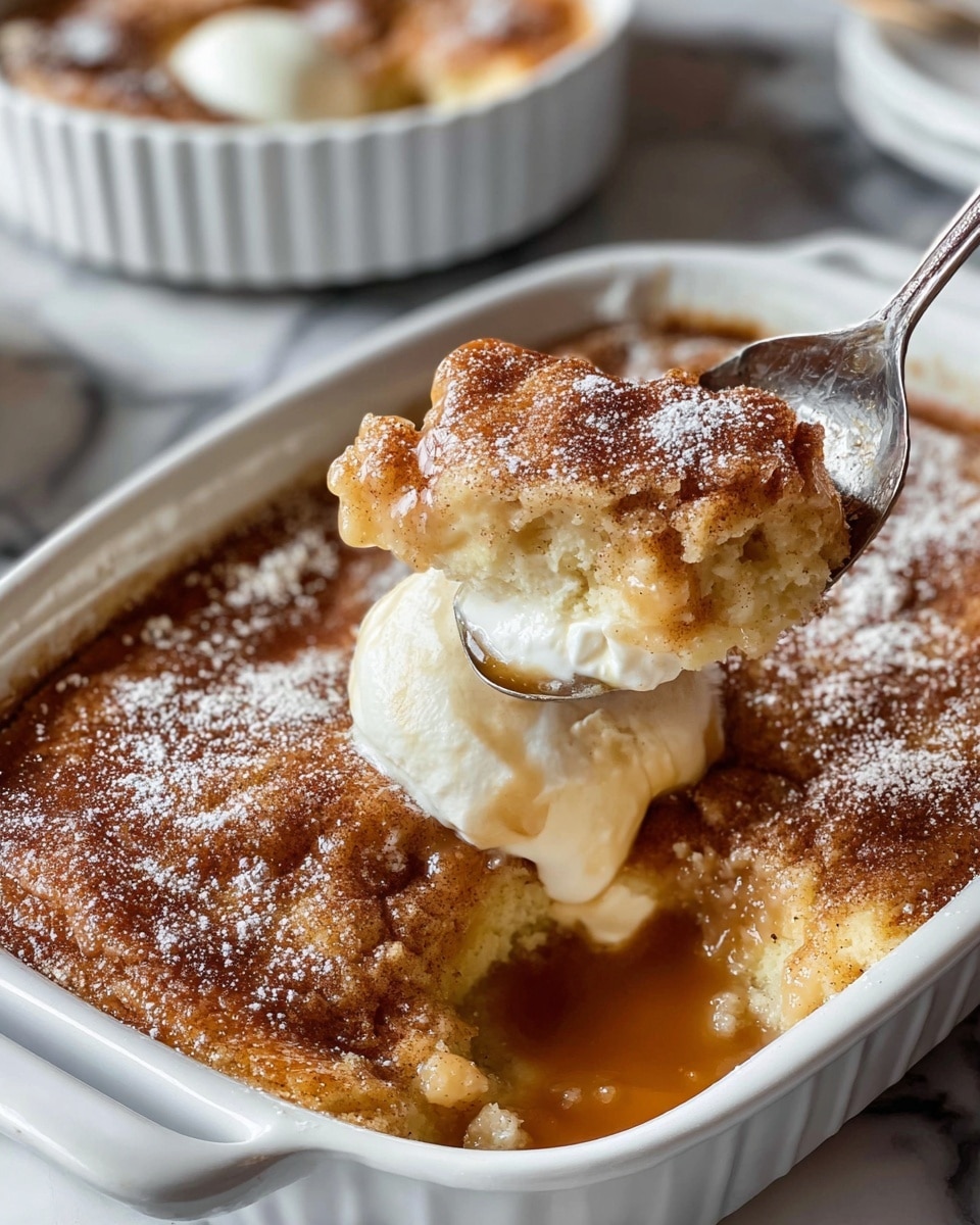 The image shows a white square baking dish filled with a warm, golden-brown dessert that looks soft and crumbly on top. The dessert is dusted with a light layer of powdered sugar and cinnamon. A silver spoon scoops out a portion, revealing beneath the crust a thick, syrupy layer of sweet sauce with visible soft fruit pieces. On top of the spoonful is a dollop of white whipped cream with a sprinkle of cinnamon. The baking dish sits on a white marbled surface, and in the background, part of another similar dessert dish is visible. The edges of the dish have some caramelized syrup drips. photo taken with an iphone --ar 4:5 --v 7