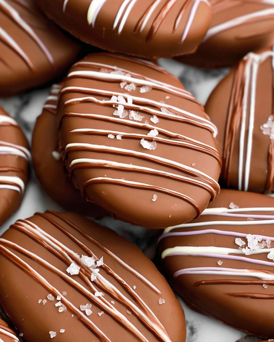 A close-up of several chocolate-covered oval and round cookies layered on top of each other, each cookie coated in smooth milk chocolate with fine white or darker brown lines drizzled in thin, even stripes across the top, and one cookie sprinkled with coarse salt crystals adding texture; the cookies have a shiny, rich surface and are set against a white marbled texture background, highlighting their glossy coating and the contrast between chocolate and drizzle colors. photo taken with an iphone --ar 4:5 --v 7