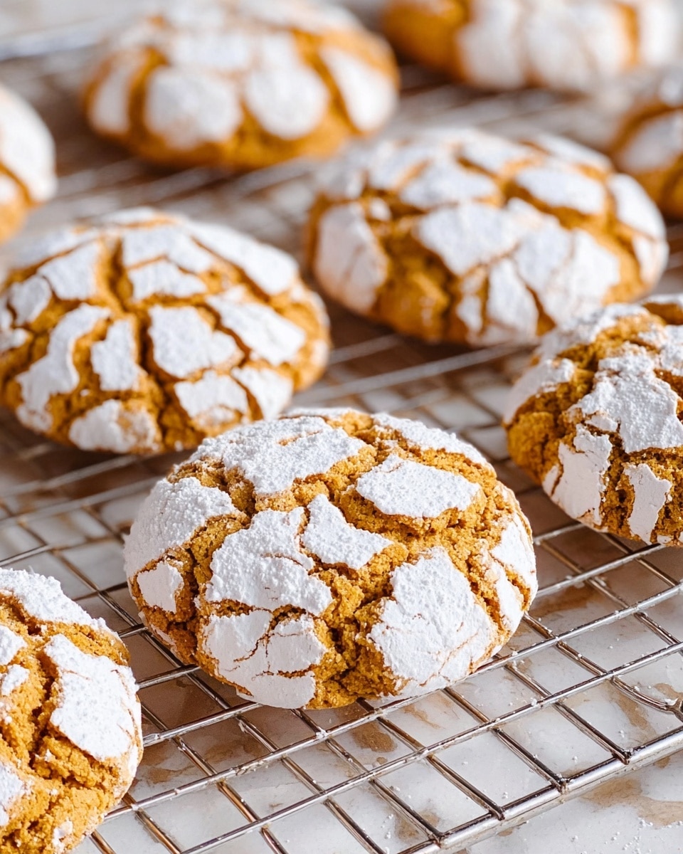 The image shows several round cookies on a cooling rack, each cookie made of a golden-brown dough with a cracked pattern of white powdered sugar on top, creating a contrast. The cookies appear soft with the surface showing a mix of smooth and crumbly texture from the cracks and powdered sugar. The cooling rack is metal with thin gray lines, and the background has a white marbled texture. The focus is on one cookie in the center, with others slightly blurred in the background. photo taken with an iphone --ar 4:5 --v 7