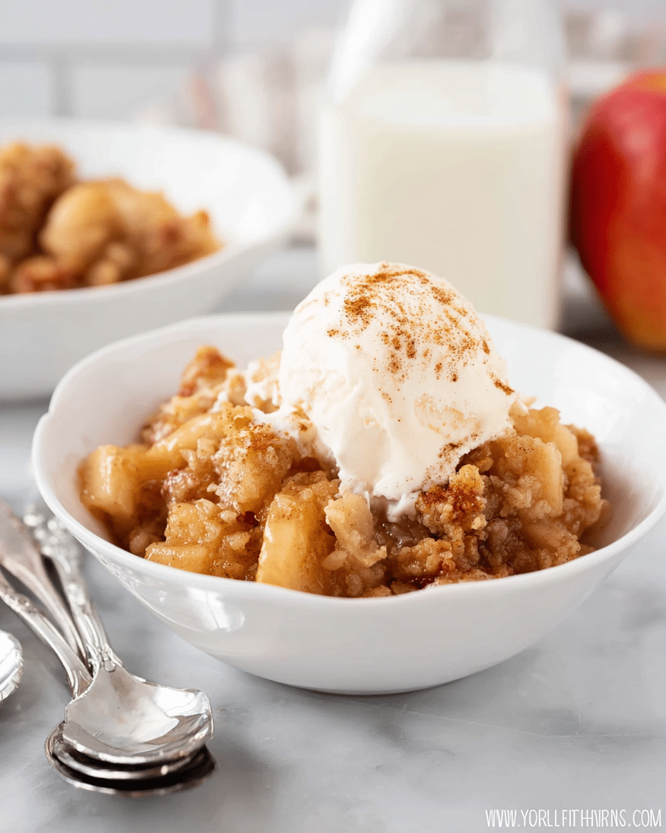 A white bowl filled with a warm apple crumb dessert made of chunky, golden-brown apple pieces mixed with a crumbly, light brown topping, all layered together. On top, there is a scoop of smooth, creamy white vanilla ice cream that is melting slightly over the dessert, with a light sprinkle of cinnamon on the ice cream. The bowl sits on a white marbled surface, with two shiny silver spoons in the foreground and a glass bottle of milk blurred in the background. Photo taken with an iphone --ar 4:5 --v 7