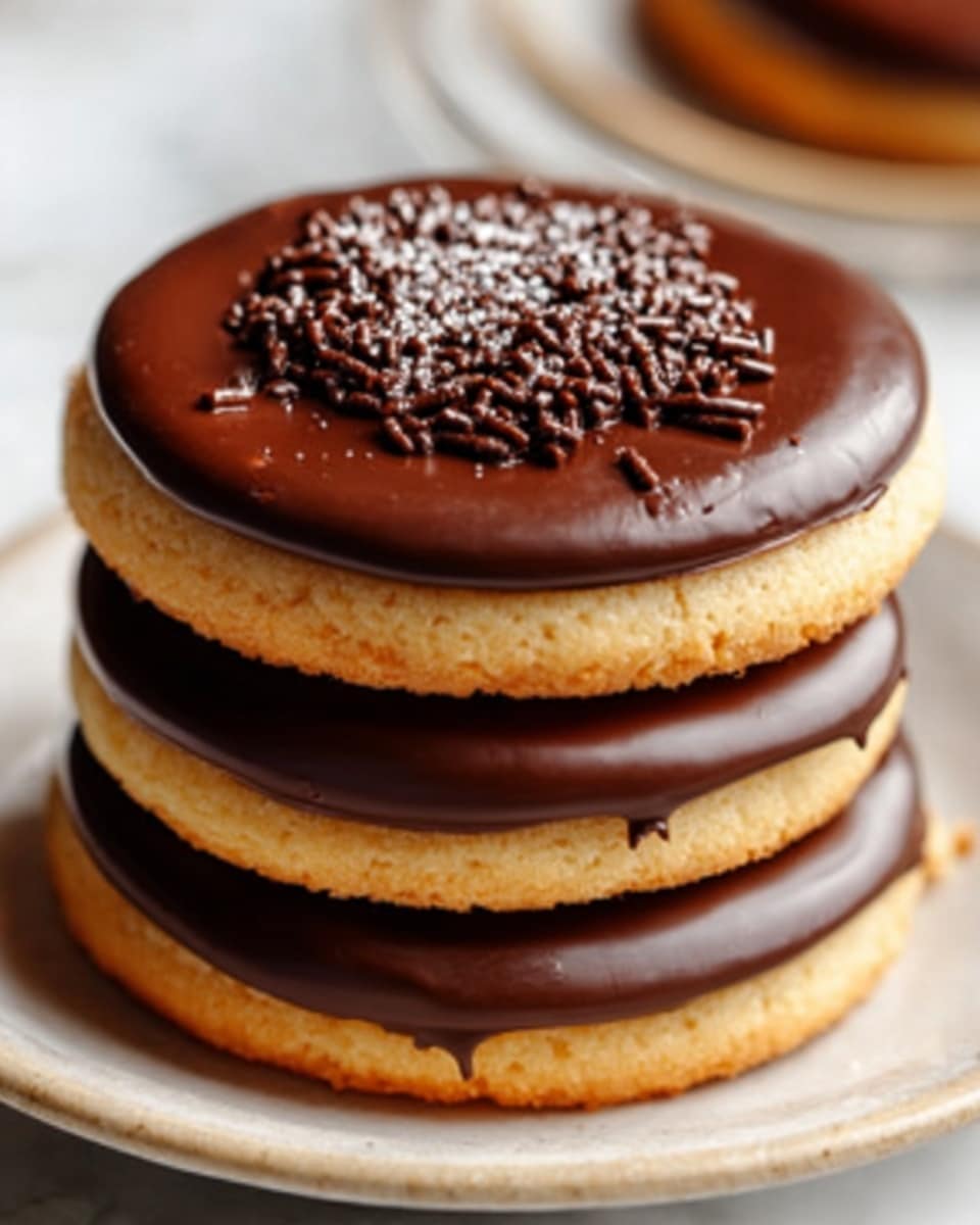 The image shows a stack of three chocolate-covered cookies on a white plate, placed on a white marbled surface. Each cookie has a golden-brown base with a smooth layer of dark chocolate on top. The top cookie is decorated with a small mound of chocolate sprinkles in the center, adding texture and contrast. The cookies are thick and soft-looking with glossy chocolate on the upper side, reflecting light gently. The photo taken with an iphone --ar 4:5 --v 7