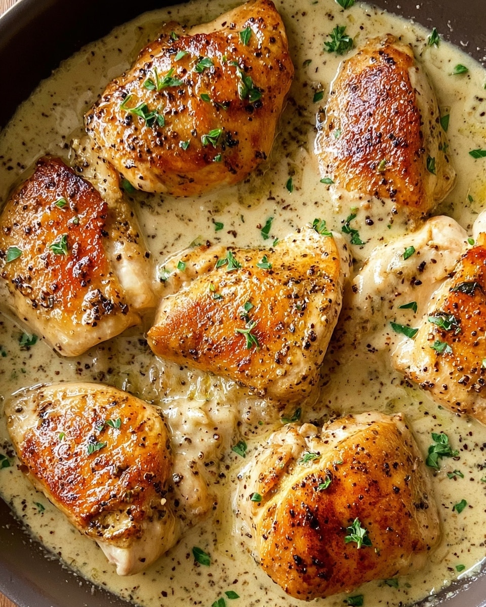 Golden brown chicken pieces, seven in total, sit in a creamy sauce inside a pan. The chicken pieces have a crispy, browned outside layer with visible black pepper flakes and some green herbs sprinkled on top. The creamy sauce is light beige with bits of black pepper and herbs mixed in, covering the bottom of the pan and touching the sides of the chicken. The texture of the sauce looks smooth and rich, pooling slightly around the chicken pieces. photo taken with an iphone --ar 4:5 --v 7