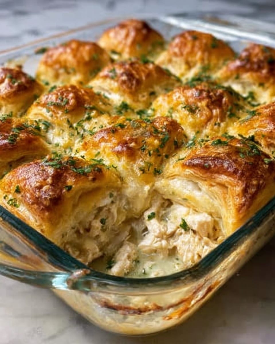 A clear glass baking dish filled with a golden brown baked puff pastry topped with finely chopped green herbs, each pastry piece having a puffy, flaky texture. Inside the pastries, a creamy white chicken filling with visible small chunks and some melted cheese that has browned slightly on top is seen. The dish sits on a white marbled surface, showing a rich, cheesy, and crisp crust with steam rising slightly. Photo taken with an iphone --ar 4:5 --v 7