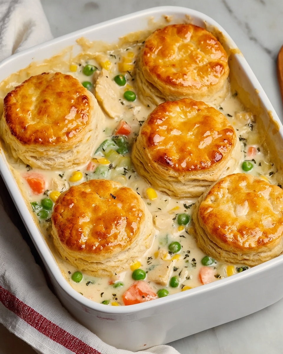 The image shows a white rectangular baking dish filled with a creamy chicken pot pie. Inside the dish, there are six golden-brown biscuit tops sitting on a rich filling of chopped chicken, green peas, diced orange carrots, and yellow corn in a thick, creamy white sauce with herbs visible. The biscuits are thick and flaky, with a shiny, slightly crispy surface. The dish is placed on a white marbled surface with part of a white and red striped cloth visible on the side. Photo taken with an iphone --ar 4:5 --v 7