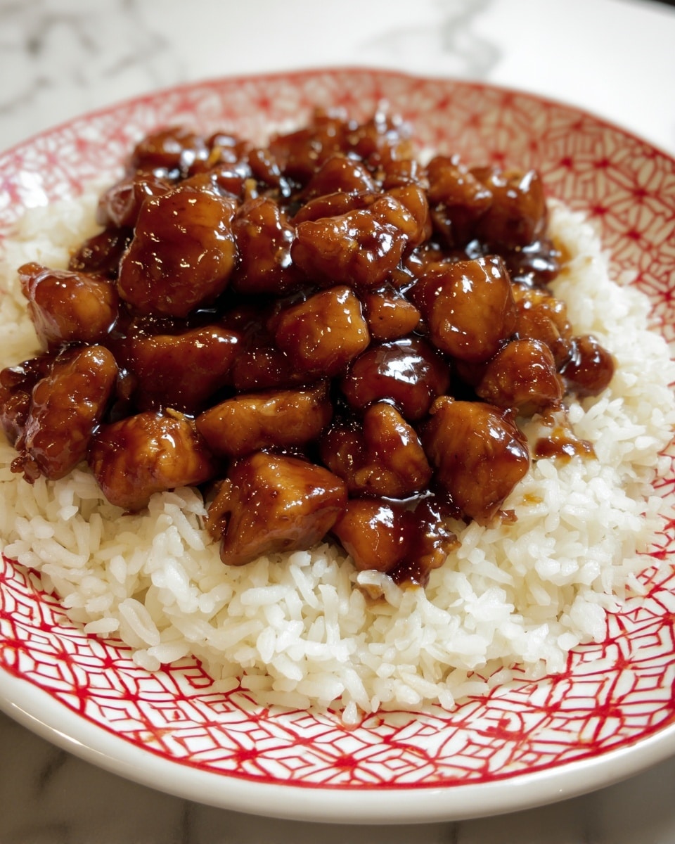 A white plate with a red patterned rim holds a dish of white rice topped with many pieces of dark brown glazed chicken. The chicken pieces are cubed and covered in a shiny sauce that looks thick and sticky, placed in the center over the rice, which spreads out around the edges. The texture of the rice is soft and fluffy, while the chicken looks smooth and moist with a rich glaze. The background is a white marbled surface. photo taken with an iphone --ar 4:5 --v 7