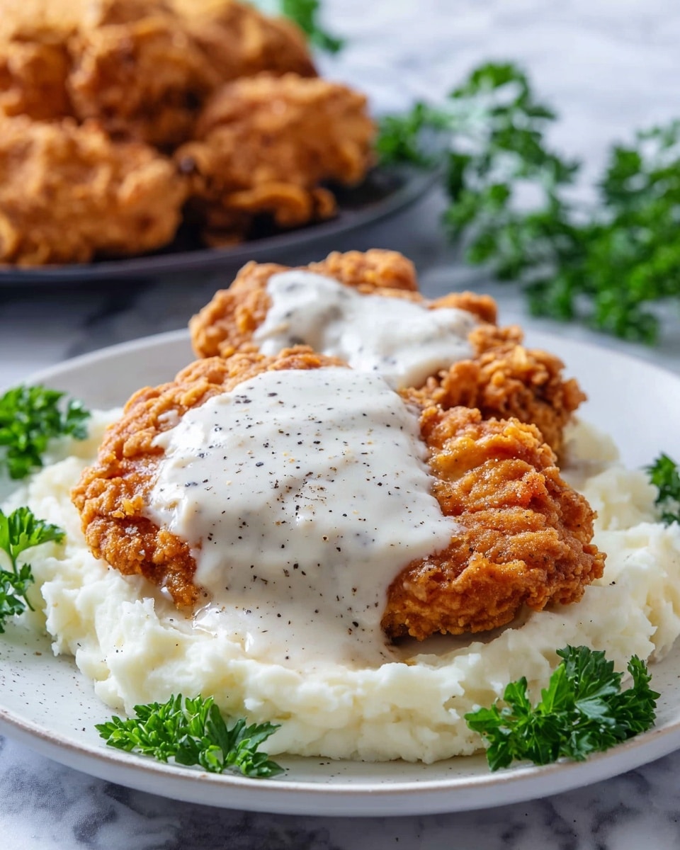 The image shows a white plate with two pieces of crispy fried chicken at the front, topped with a thick, creamy white gravy sprinkled with black pepper. Behind the chicken is a pale, fluffy layer of mashed potatoes that cover about half the plate. The plate is placed on a white marbled surface with green parsley leaves around it for decoration. In the background, more pieces of fried chicken can be seen slightly out of focus. Photo taken with an iphone --ar 4:5 --v 7