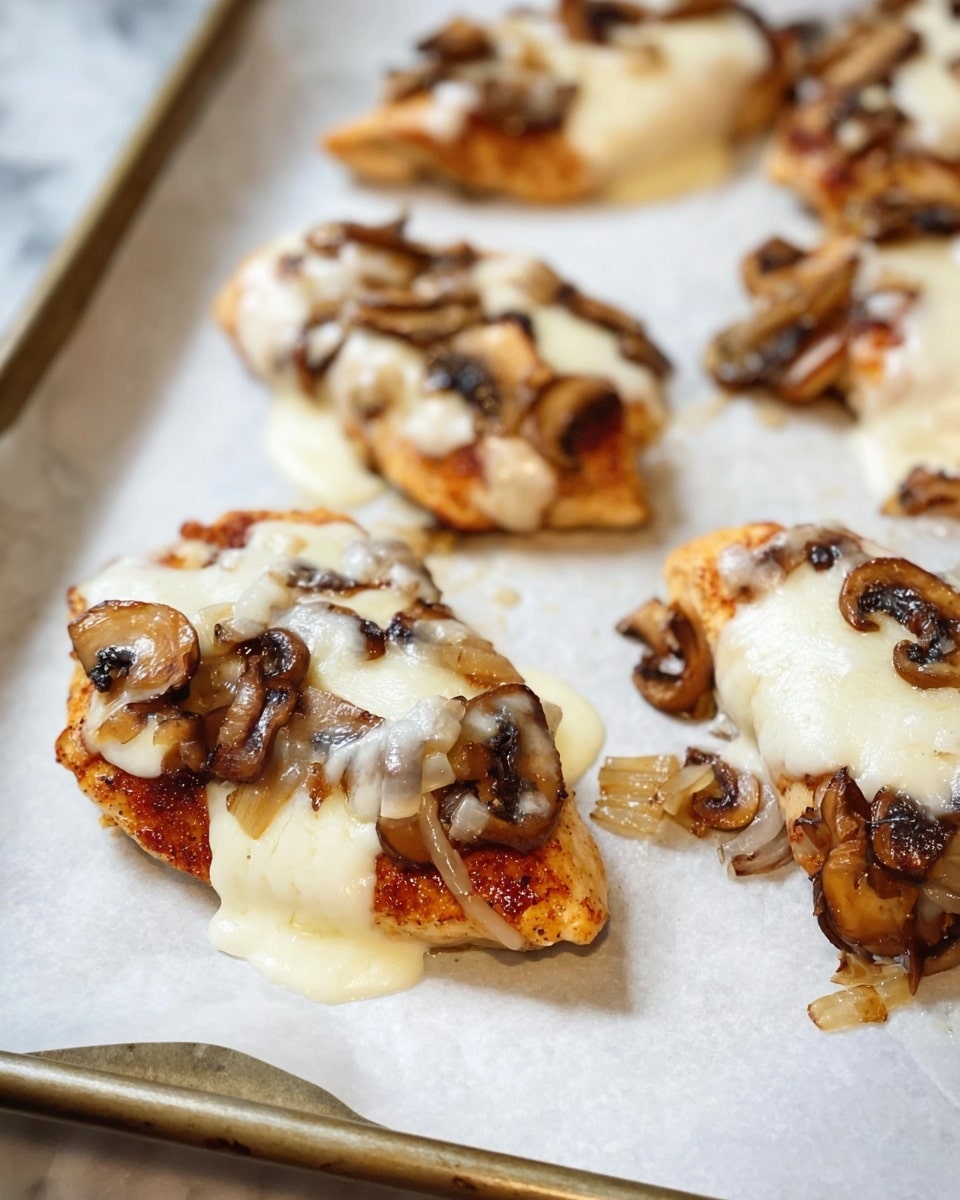 Several small chicken pieces form the base layer, each cooked golden brown with visible grill marks. On top is a layer of sautéed mushrooms and onions, with a mix of light and dark browns and a slightly shiny texture. The top layer is melted white cheese that covers the mushrooms unevenly, stretching over the edges and pooling slightly. The pieces are on white parchment paper inside a baking tray on a white marbled surface, with a soft focus on the background pieces. photo taken with an iphone --ar 4:5 --v 7