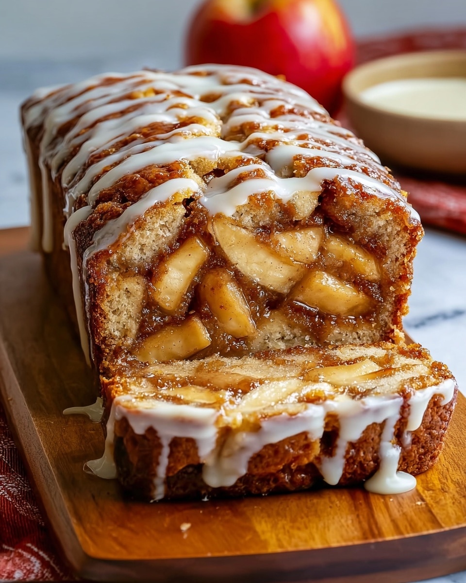 The image shows a loaf-shaped apple cake with a thick, golden brown crust. The cake is layered with large, chunky pieces of cooked apples soaked in a cinnamon-spiced syrup, visible both inside and on top. On top, there is a drizzle of white glaze running across the cake in thick lines, adding a glossy finish. The cake is sliced at one end to reveal the dense apple filling inside. It sits on a wooden board with a soft focus on a white sauce and red apple in the background, all placed on a white marbled surface. photo taken with an iphone --ar 4:5 --v 7