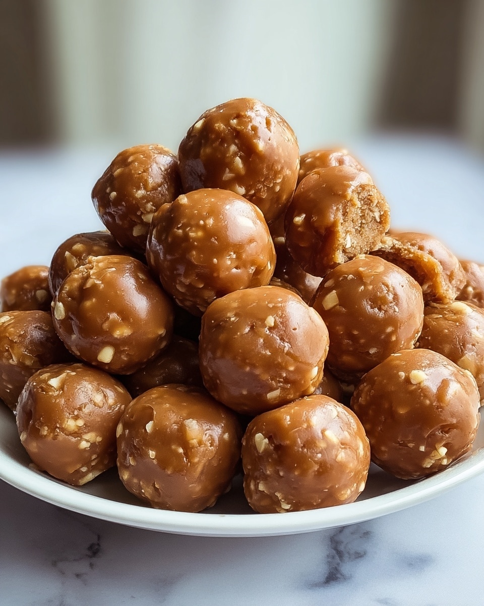 A white plate filled with round, brown caramel-coated treats stacked in layers, each ball showing a smooth, glossy caramel surface with small lighter beige nut pieces embedded throughout, with some balls showing a slightly textured, crumbly interior where the caramel coating is thinner. The background is a white marbled texture blurred softly, creating a cozy, natural lighting effect. photo taken with an iphone --ar 4:5 --v 7