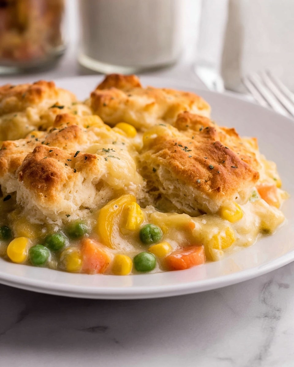 A close-up of a white plate filled with a vegetable pot pie consisting of a creamy light yellow sauce and small bright green peas, yellow corn kernels, and orange carrot pieces in the bottom layer. On top, a golden brown biscuit crust that looks soft and fluffy, broken into uneven sections, covers the vegetable mixture partially. The dish sits on a white marbled surface, with blurry glass jars in the background. Photo taken with an iphone --ar 4:5 --v 7