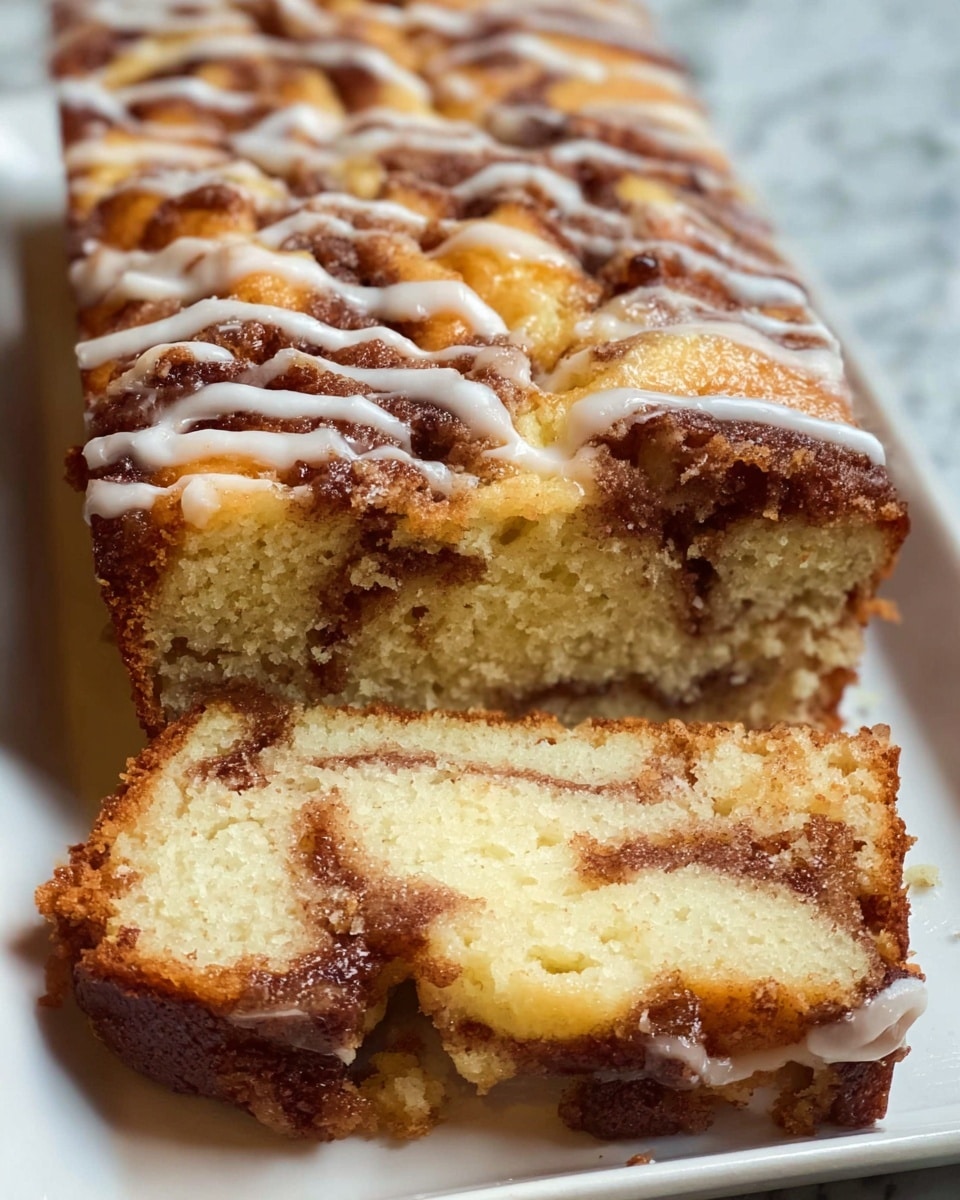 The image shows a loaf cake sliced on a white rectangular plate set on a white marbled texture. The cake has two clear layers: the bottom layer is light and fluffy cake ranging from beige to light yellow, and the top layer has a brown, slightly crispy crust with swirled cinnamon filling. The cinnamon swirls create an irregular pattern inside the cake, and the top is drizzled with thin, white icing lines that add shine and contrast. The edges and some broken crumbs are visible, giving a fresh and homemade feel. Photo taken with an iphone --ar 4:5 --v 7