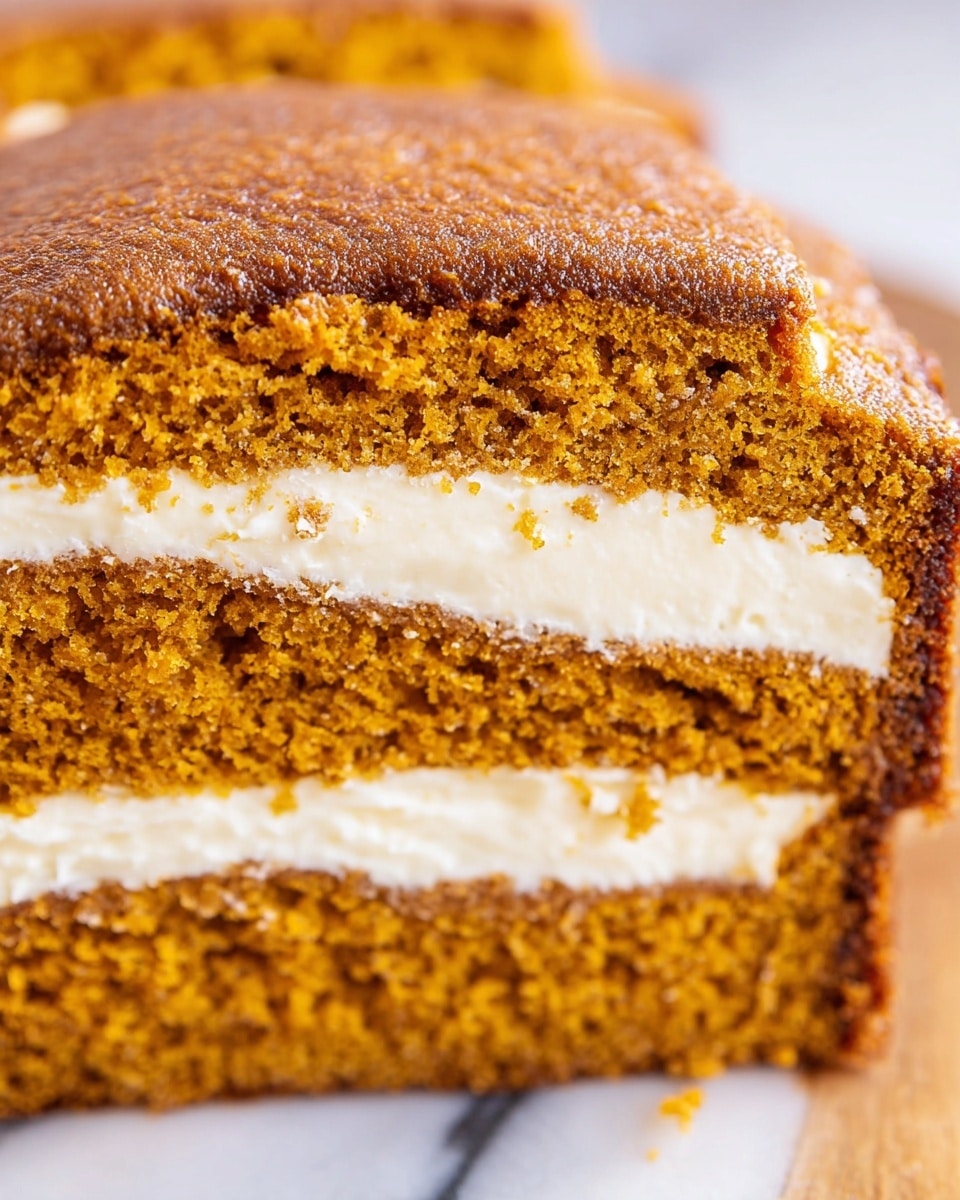 The image shows a close-up of a sliced layered cake with three distinct layers. The top and bottom layers are a rich, golden brown color with a slightly porous texture, indicative of a moist cake. Between these two layers is a thick, creamy white filling that looks smooth and dense, evenly spread across the middle. The cake is placed on a white marbled surface, and the focus highlights the texture and contrast between the soft cake and the creamy filling. Photo taken with an iphone --ar 4:5 --v 7