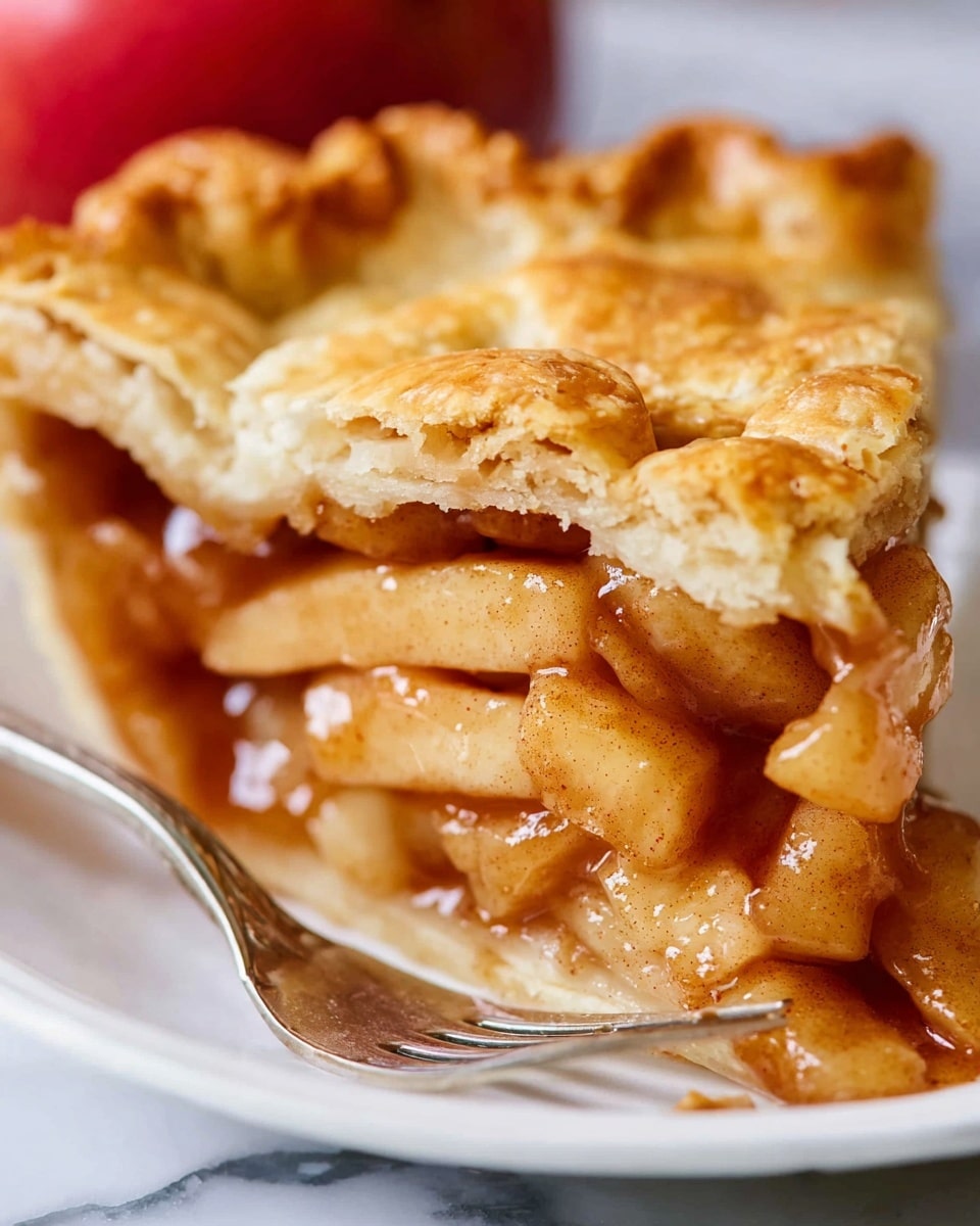 A close-up of a slice of apple pie on a white plate with a silver fork nearby, showing three layers: the top layer is golden-brown, flaky pie crust with a bumpy texture; the middle layer is soft, thinly sliced apple pieces coated in a shiny, cinnamon-spiced sauce in warm brown and amber tones; the bottom layer is the thicker, light golden crust base holding the filling. The plate is placed on a white marbled surface with a blurred red apple in the background. photo taken with an iphone --ar 4:5 --v 7