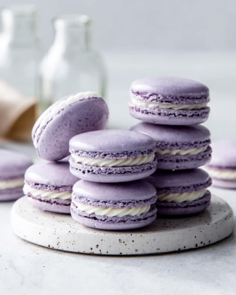 The image shows a group of light purple macarons stacked on each other on a round white plate with small dark specks. Each macaron has two smooth, slightly shiny shell layers with a slightly darker purple shade, and a creamy white filling layer in the middle, which looks thick and soft. The background is a white marbled surface with two glass bottles blurred in the back. The overall look is clean and elegant. Photo taken with an iphone --ar 4:5 --v 7