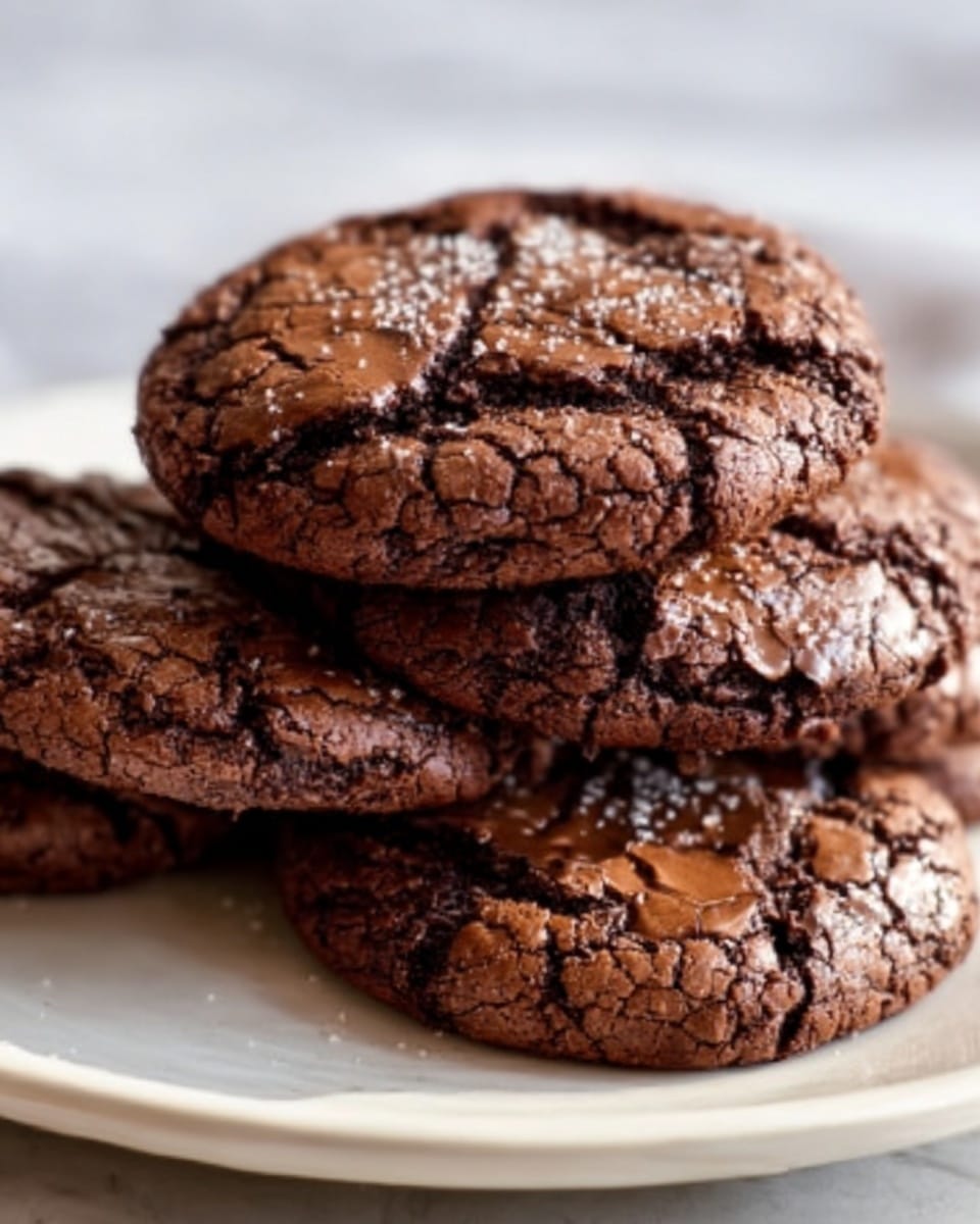 The image shows a close-up view of a pile of four thick chocolate cookies placed on a simple white plate. Each cookie has a rough, cracked top surface with visible shiny patches of melted chocolate, giving them a rich and gooey look. The cookies have a dark brown color with a slightly crumbly texture, stacked unevenly with some overlapping. The scene is set against a soft, white marbled background that is slightly out of focus, keeping the attention on the cookies. The photo taken with an iphone --ar 4:5 --v 7