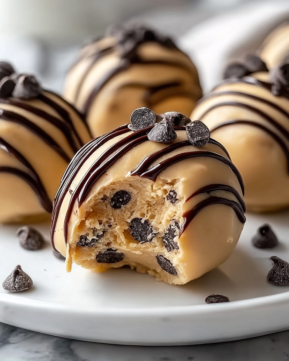 The image shows round truffle-like balls with three visible layers: the outer layer is smooth and light tan with a creamy texture, covered with dark brown chocolate chips scattered and partially melted on the surface, and thin dark chocolate drizzles swirling over the top. The truffles rest on a white plate set against a white marbled textured surface. The focus is on the closest truffle, showing a small bite taken out of it, revealing a dense interior with embedded chocolate chips. The background holds more similar truffles blurred softly. Photo taken with an iphone --ar 4:5 --v 7