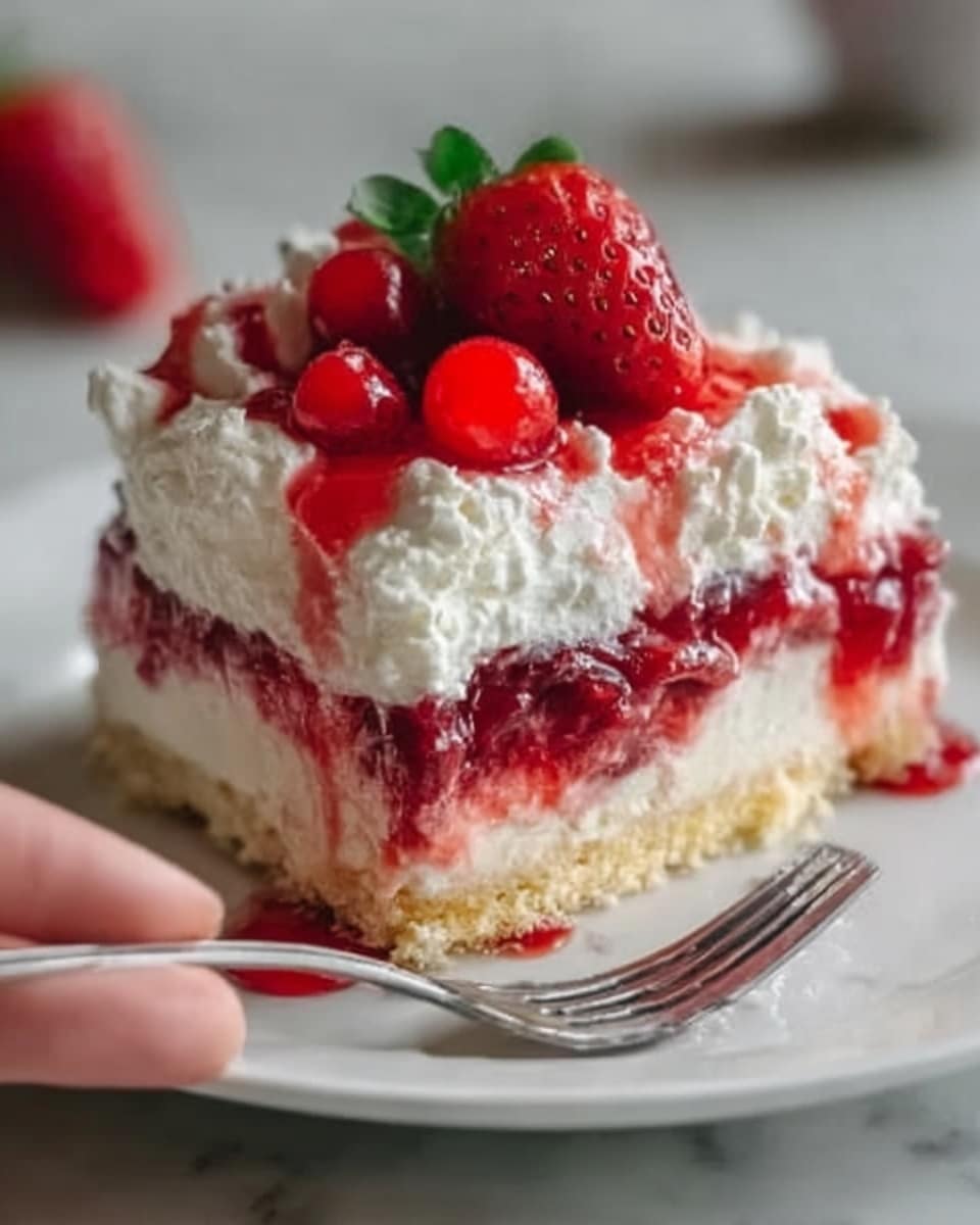 The image shows a square piece of layered dessert on a white plate, placed on a white marble surface. The bottom layer is a light golden crumbly crust, above it is a thick, vibrant red fruit filling with visible berries. On top of the red filling is a thick layer of fluffy white cream, slightly uneven in texture. The dessert is topped with whole fresh strawberries and a few round red berries. A woman's hand holds a silver fork placed just beside the dessert, ready to take a bite. Some red syrup drips slightly onto the plate near the dessert. photo taken with an iphone --ar 4:5 --v 7