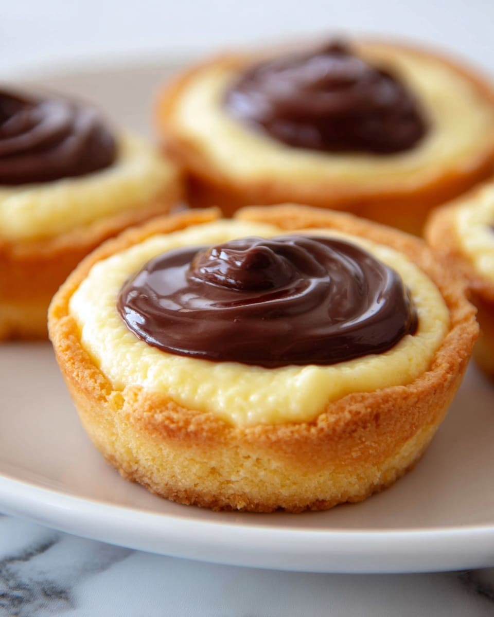 The image shows three small tart desserts on a white plate, placed on a white marbled surface. Each tart has a golden-brown crust forming the base and sides, topped with a thick, smooth, creamy pale yellow layer. On top of this creamy layer sits a glossy, dark brown swirl of chocolate ganache, slightly shiny with soft peaks in the center. The tarts are closely grouped, with one tart in the front sharply focused, showing detailed texture of the crust and glossy chocolate, while the other two tarts appear softly blurred in the background. photo taken with an iphone --ar 4:5 --v 7