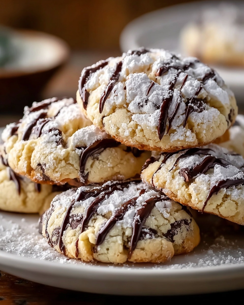 A close-up of several soft, thick cookies stacked on a round white plate, each cookie showing a light golden-brown base mixed with visible dark chocolate chips inside. The cookies are topped with white powdered sugar scattered thickly over the tops and traces of smooth, dark chocolate drizzle in wavy lines on each cookie, adding a glossy texture. The cookies are slightly cracked on top, displaying a soft, crumbly texture. The background is softly blurred with a warm tone on a white marbled surface, highlighting the cookies in the front. photo taken with an iphone --ar 4:5 --v 7