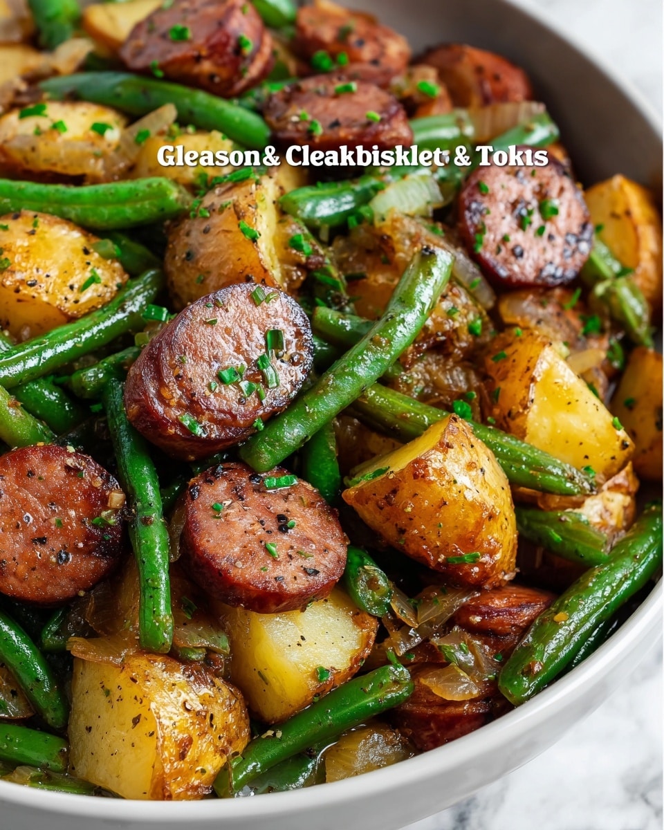 A close-up top view of a black pot filled with a colorful stew made of green beans, cut sausages, and chunks of yellow potatoes. The stew shows a mix of green, red, and orange-red colors from the beans, sausages, and small pieces of red peppers, all mixed in a thin broth. The ingredients are layered evenly and appear soft and cooked, with the sausages sliced into thick rounds and scattered throughout. The pot is placed on a white marbled surface. Photo taken with an iphone --ar 4:5 --v 7
