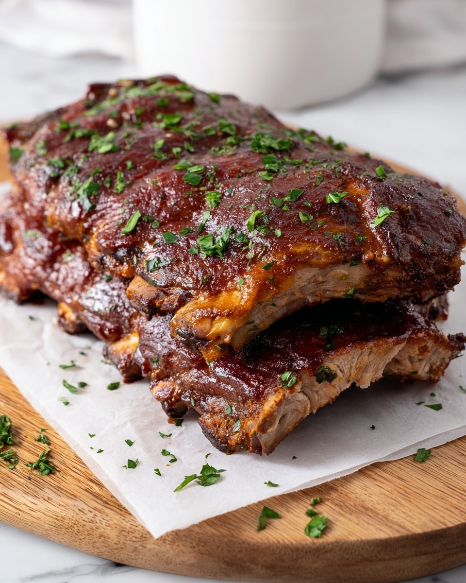 The image shows two thick slabs of cooked ribs stacked on top of each other on white parchment paper, which rests on a wooden board. The ribs are golden-brown with a shiny, slightly oily texture, and are sprinkled with finely chopped green herbs. The top surface of the ribs is darker and caramelized, showing a well-cooked crust. Tiny bits of herbs and seasoning are scattered on the parchment and wooden board. The background has a white marbled texture, and a white cloth can be seen blurred in the back. photo taken with an iphone --ar 4:5 --v 7