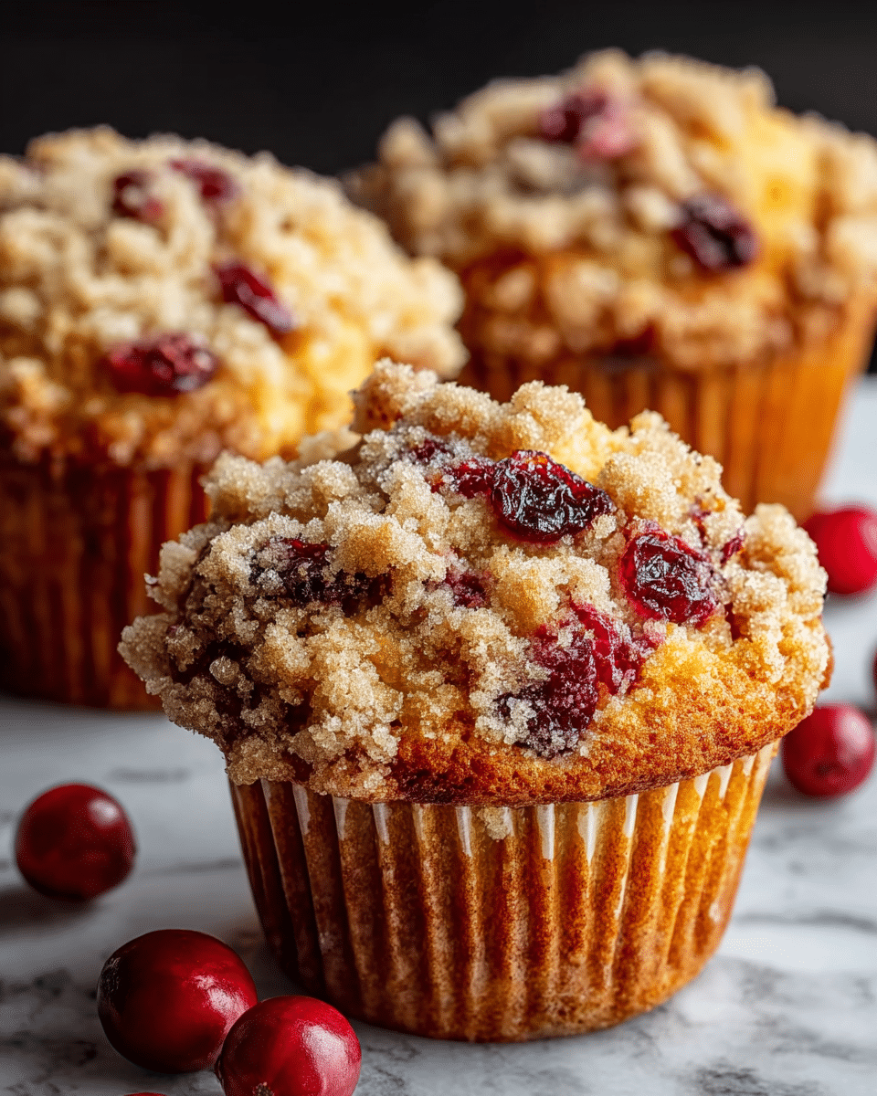 A close-up view of three golden brown muffins topped with a crumbly streusel layer that has a light tan color speckled with sugar crystals. The muffins have juicy red cranberry pieces mixed into the top crumb layer and baked inside, adding bright pops of color. The muffins are sitting on a white marbled surface, with two whole cranberries placed nearby, adding a fresh red contrast. The texture of the muffins looks soft and moist with a slightly crisp crumb topping. photo taken with an iphone --ar 4:5 --v 7