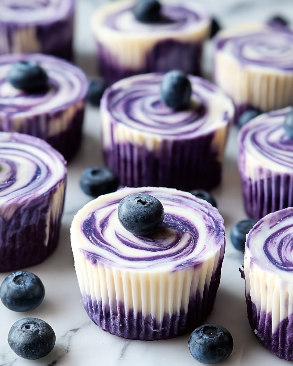 The image shows several small cheesecake cups arranged on a white marbled surface, each with two visible layers: a creamy off-white bottom layer and a purple top layer with smooth, swirled patterns. The swirl tops have a mix of light and dark purples blending into the off-white base, giving a marbled effect. Some cheesecake cups are decorated with single blueberries on top. Fresh blueberries are scattered around the cheesecake cups on the surface. photo taken with an iphone --ar 4:5 --v 7