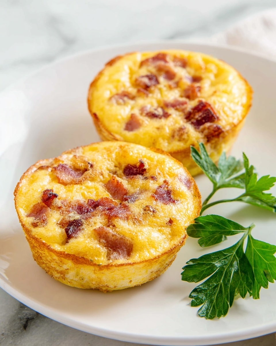 Two round, fluffy egg muffins are placed side by side on a white plate, each muffin showing a golden-yellow color with small, scattered pieces of crispy, browned bacon inside. The muffins have a slightly bubbly texture on top, with a light crust around the edges. Next to the muffins, on the right side of the plate, lies a fresh green parsley leaf for garnish. The surface under the plate is a white marbled texture. Photo taken with an iphone --ar 4:5 --v 7