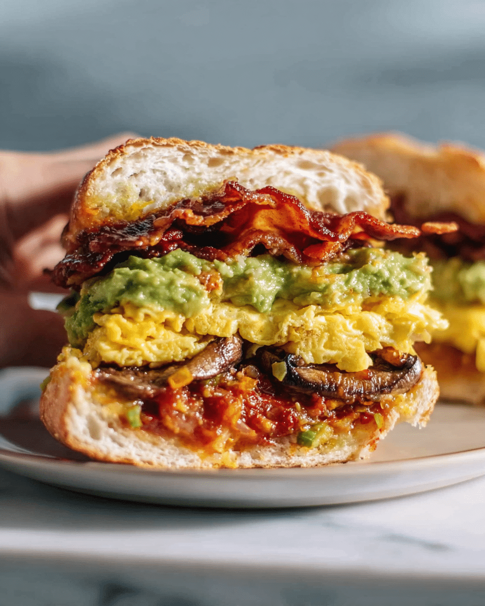 A sandwich is cut in half and placed on a white plate. The sandwich has five visible layers: at the bottom, there is a thick layer of chunky tomato sauce with bits of cooked vegetables, followed by a layer of grilled brown mushrooms. On top of the mushrooms is a bright yellow scrambled egg layer, then a vibrant green chunky guacamole spread, and finally, thin slices of crispy reddish-brown cooked bacon. The sandwich is held by a woman's hand on the left side, and the background shows a soft blur with a white marbled texture underneath the plate. Photo taken with an iphone --ar 4:5 --v 7