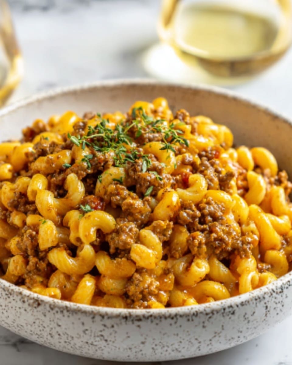 A white speckled bowl filled with a creamy macaroni dish layered with small elbow-shaped pasta coated in a rich, orange-brown sauce mixed with cooked ground meat. On top, some green herbs are sprinkled finely as garnish. The background and surface are visible with a white marbled texture, and a blurred glass with a pale drink is in the back. Photo taken with an iphone --ar 4:5 --v 7