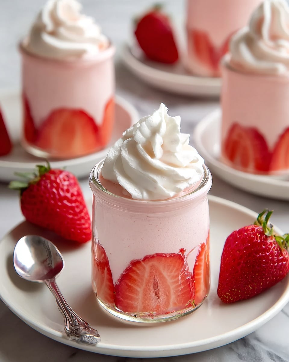 The image shows a small glass jar filled with three layers: the bottom layer features vertically sliced bright red strawberries lining the inner sides of the jar, the middle layer is a smooth pale pink creamy mousse or yogurt filling the jar to near the top, and the top layer is a fluffy white whipped cream dollop crowning the dessert. The jar sits on a white plate with several fresh whole strawberries scattered around it and a silver spoon placed nearby. Another similar jar is blurred in the background on the same white plate, all on a white marbled textured surface. photo taken with an iphone --ar 4:5 --v 7