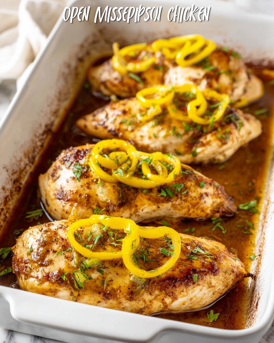 The image shows a white baking dish filled with four pieces of oven-baked chicken breasts, each piece browned with crispy edges and a golden texture. On top of the chicken breasts are thin, curly yellow pepper rings scattered, adding a bright yellow color contrast. Some small green herb flakes are sprinkled over the chicken and peppers. The baking dish has browned sauce pooling around the chicken, giving a glossy and juicy look. The dish is set against a white marbled textured surface. photo taken with an iphone --ar 4:5 --v 7