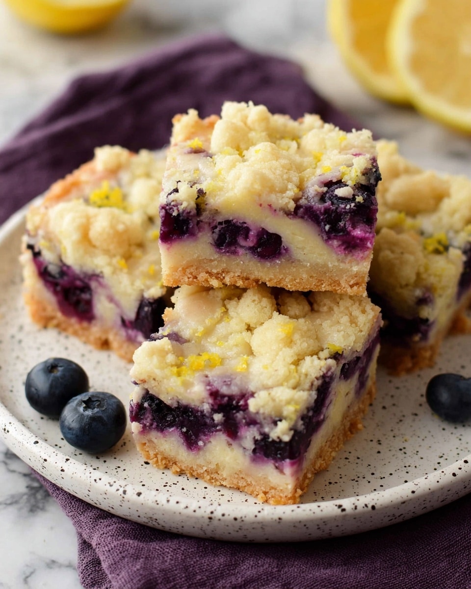 The image shows four square blueberry dessert bars on a white speckled plate with a light crumbly top layer that is golden beige with small bits of yellow zest. The middle layer is thick and creamy, light purple with whole dark blue blueberries embedded inside. The bottom layer is a firm, pale yellow crust. Two whole blueberries sit on the plate near the bars. The plate rests on a dark purple cloth and a yellow lemon slice is partly visible at the bottom. The background is a white marbled surface. photo taken with an iphone --ar 4:5 --v 7