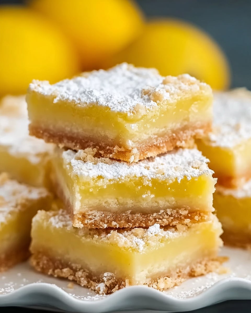 A stack of square lemon bars with two layers is shown closely: the bottom layer is a light brown crumbly crust, while the top layer is a thick, smooth, yellow lemon filling. The lemon bars are dusted with white powdered sugar, adding a soft texture on top. The squares are stacked unevenly on a white plate with a wavy edge, against a blurred background featuring bright yellow shapes that look like lemons. The image captures the moist, slightly shiny filling and the crumbly crust clearly. Photo taken with an iphone --ar 4:5 --v 7