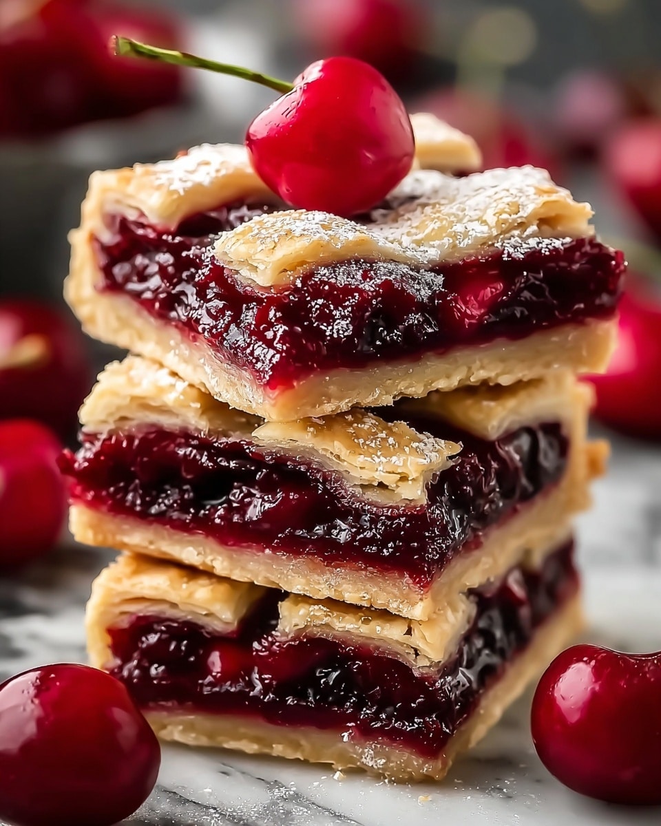 A stack of three square cherry berry bars is shown close up, each bar featuring three visible layers: a crisp, golden brown bottom crust, a thick, glossy, dark red cherry filling that looks juicy and slightly chunky, and a light, flaky lattice crust on top dusted lightly with powdered sugar. The top bar is garnished with a single shiny bright red cherry with its stem upright. Around the base of the stack, fresh cherries are scattered, and the background shows a soft focus of more cherries and blurred elements, all set on a white marbled texture. photo taken with an iphone --ar 4:5 --v 7